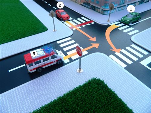 Според начинот на регулирање и правилата за првенство на минување на крстосницата, во дадените полиња впиши ги броевите на возилата според редоследот …