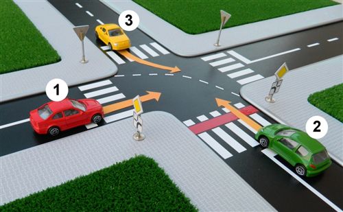 Sipas rregullave të përparësisë së kalimit në udhëkryqin, në fushat e dhëna shkruaj numrat e automjeteve sipas radhës së kalimit të tyre: (Përgjigja plotësohet në formatin, për shembull: 123, 231, 132 etj.)