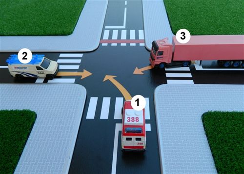 Според правилата за првенство на минување на крстосницата, во дадените полиња впиши ги броевите на возилата според редоследот на нивно минување: (Одго…