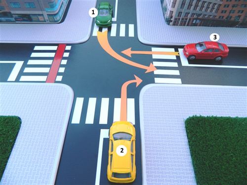 Според правилата за првенство на минување на крстосницата, во дадените полиња впиши ги броевите на возилата според редоследот на нивно минување: (Одго…